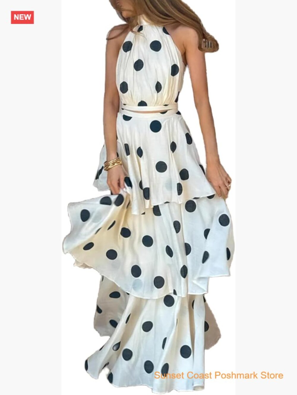 Two Piece Skirt Set Dot Print Sleeveless Top Maxi Skirt Vacation Set